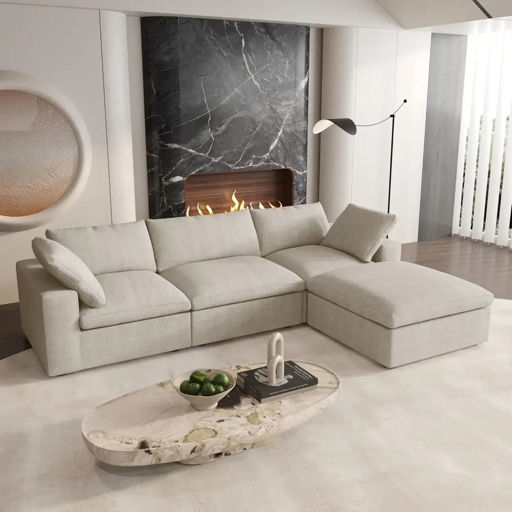 Khaki Linen Blend Modular L Shaped Four Piece Corner Sectional With Toss Pillows