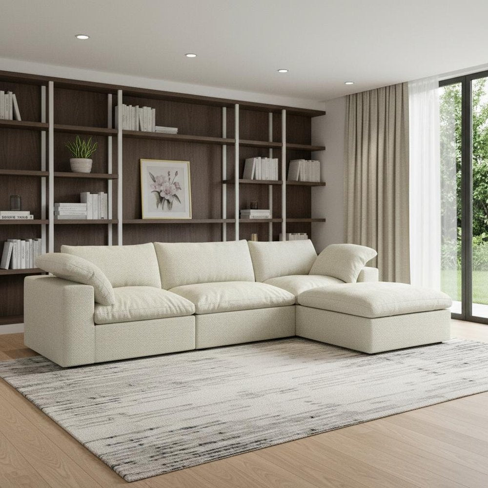 Khaki Linen Blend Modular L Shaped Four Piece Corner Sectional With Toss Pillows