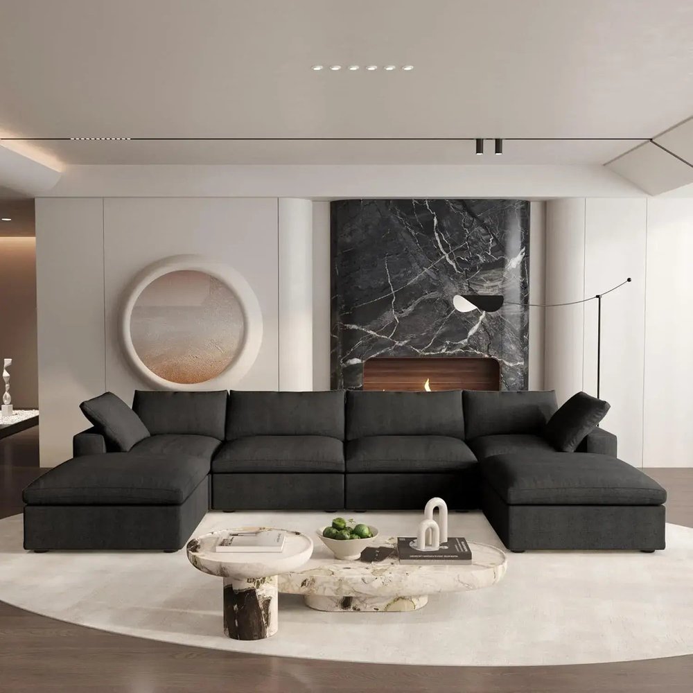 160" Black Linen Blend Modular Sofa With Ottomans Toss Pillows And Storage
