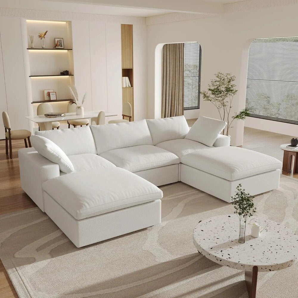 120" White Linen Blend Modular Universal Sofa With Ottoman And Storage