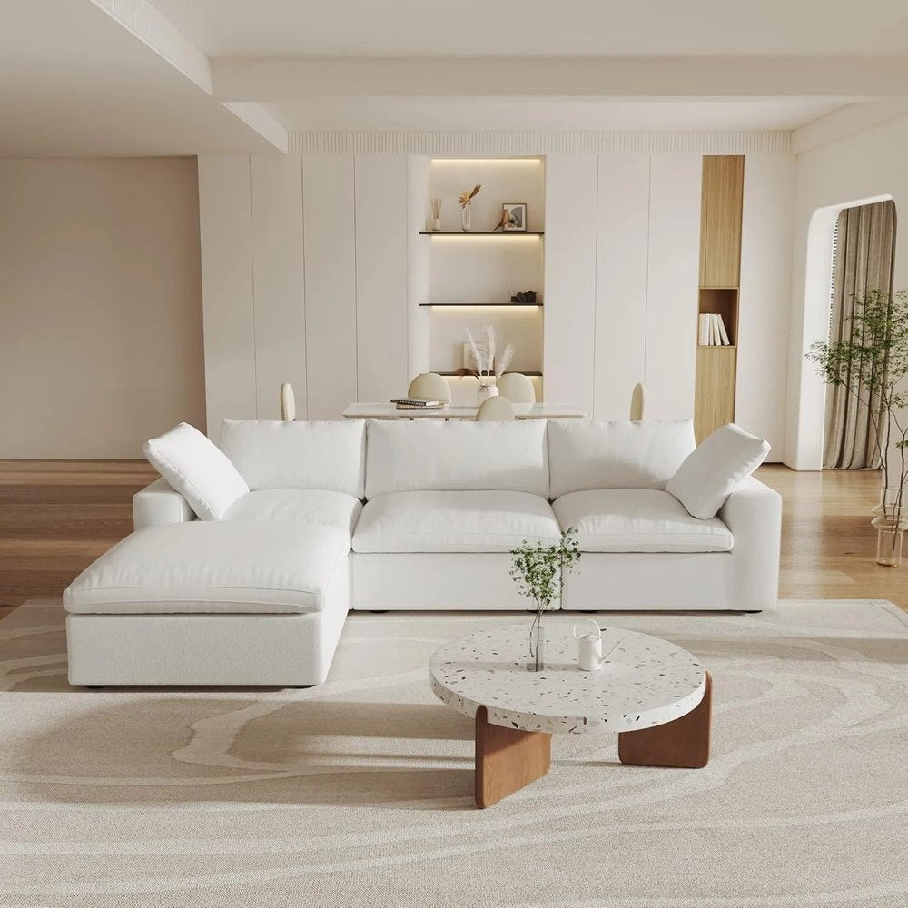120" White Linen Blend Modular Universal Sofa With Ottoman And Storage