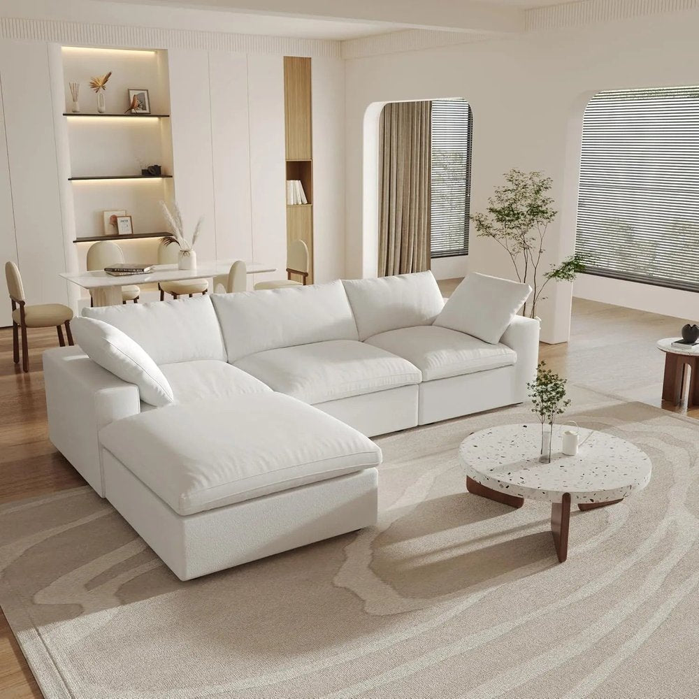 120" White Linen Blend Modular Universal Sofa With Ottoman And Storage