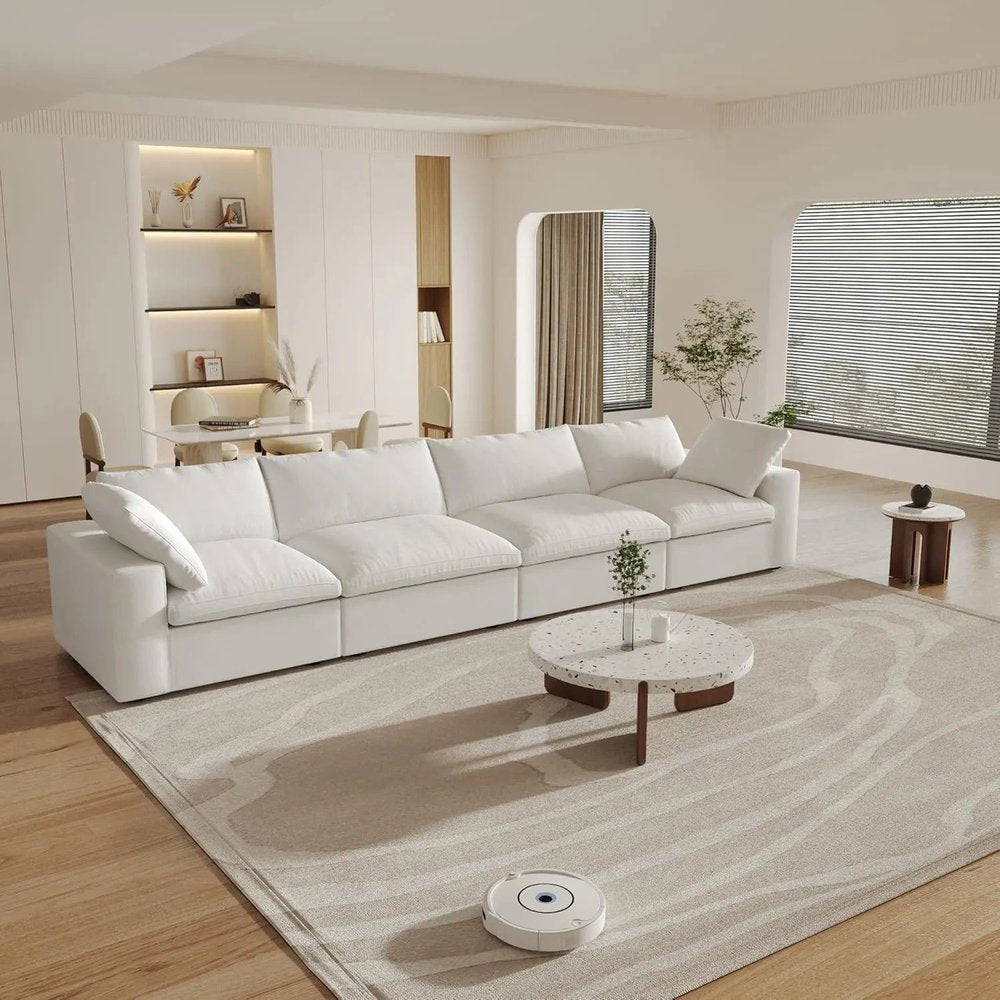 160" White Linen Blend Modular Sofa With Toss Pillows