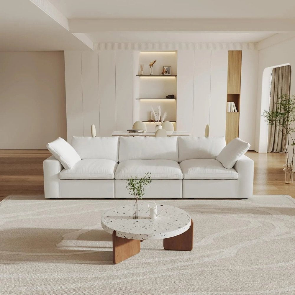 120" White Linen Blend Modular Sofa With Toss Pillows