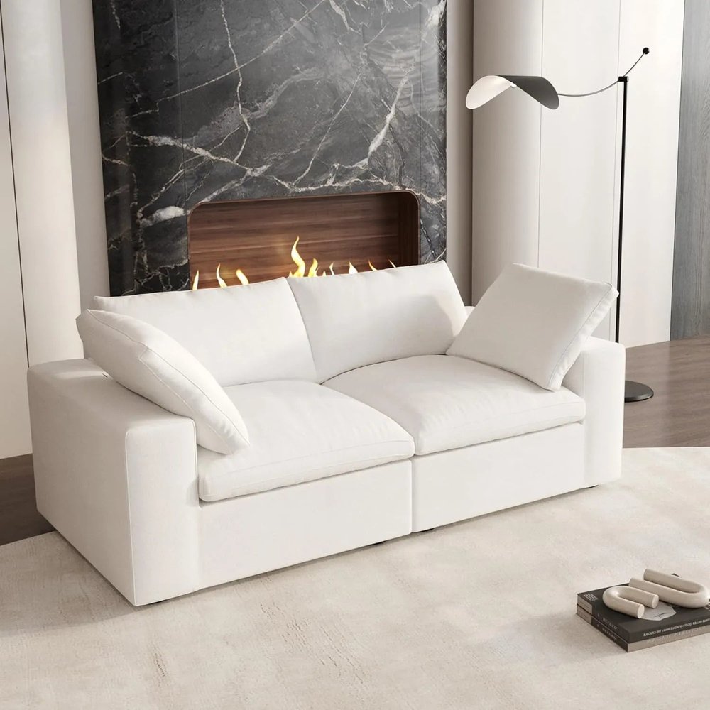 80" White Linen Blend Modular Loveseat and Toss Pillows