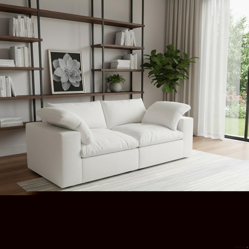 80" White Linen Blend Modular Loveseat and Toss Pillows