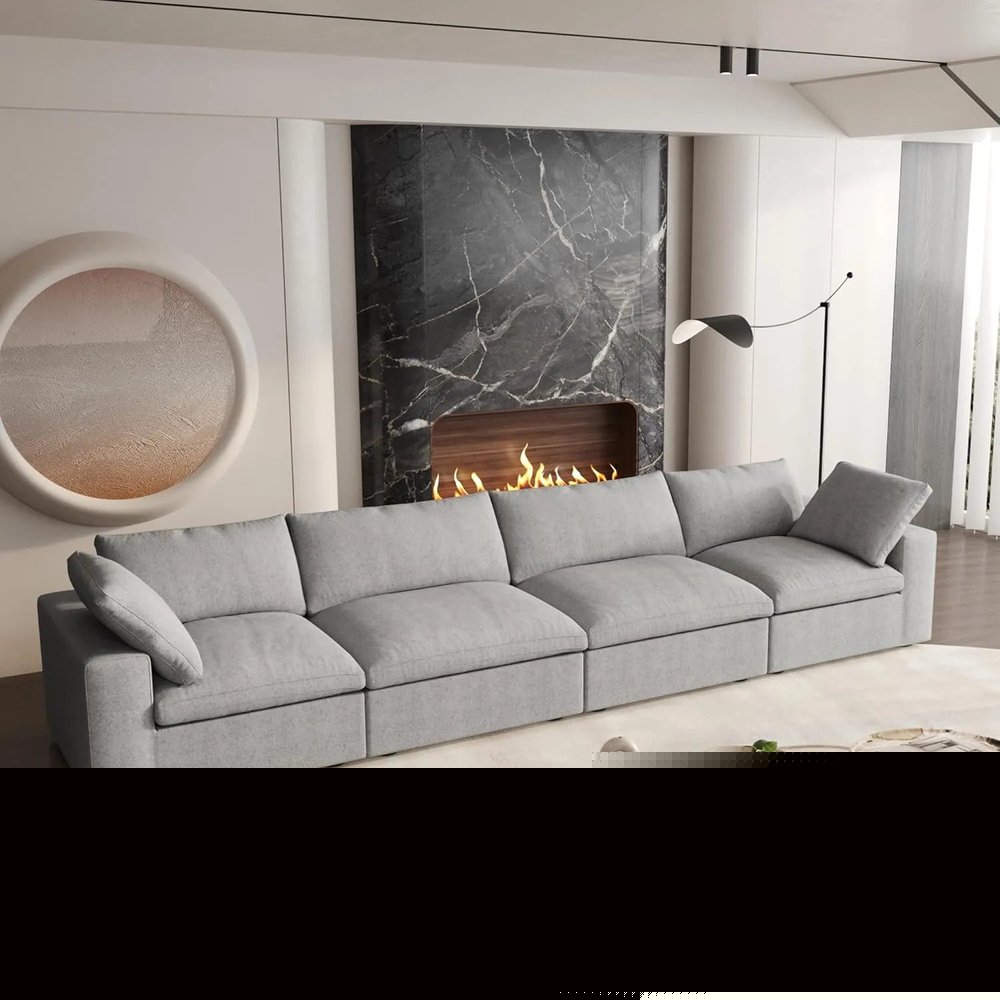 160" Light Gray Linen Blend Modular Sofa With Toss Pillows