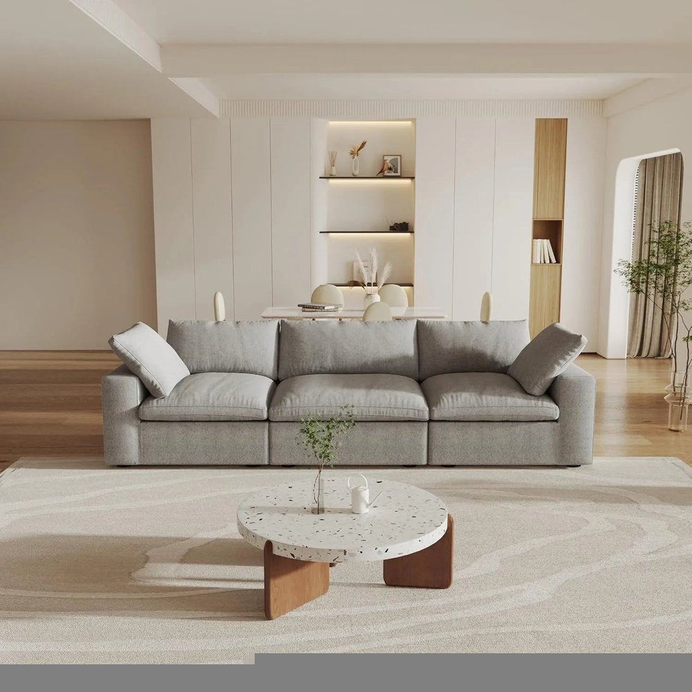 120" Light Gray Linen Blend Modular Sofa With Toss Pillows