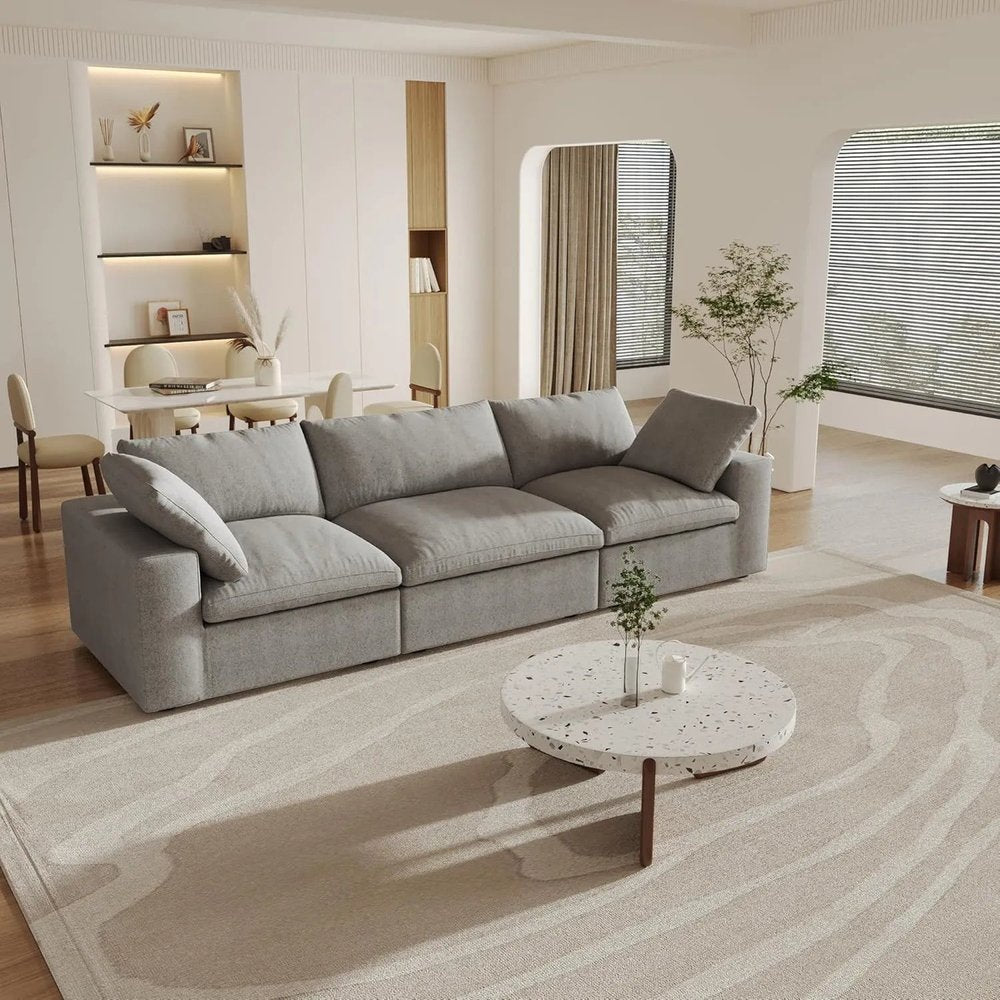 120" Light Gray Linen Blend Modular Sofa With Toss Pillows