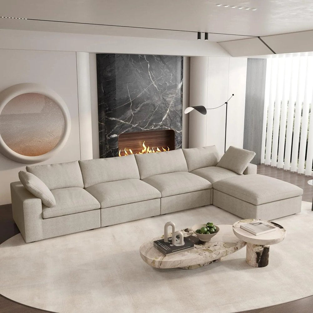 160" Khaki Linen Blend Modular Sofa With Ottoman And Toss Pillows