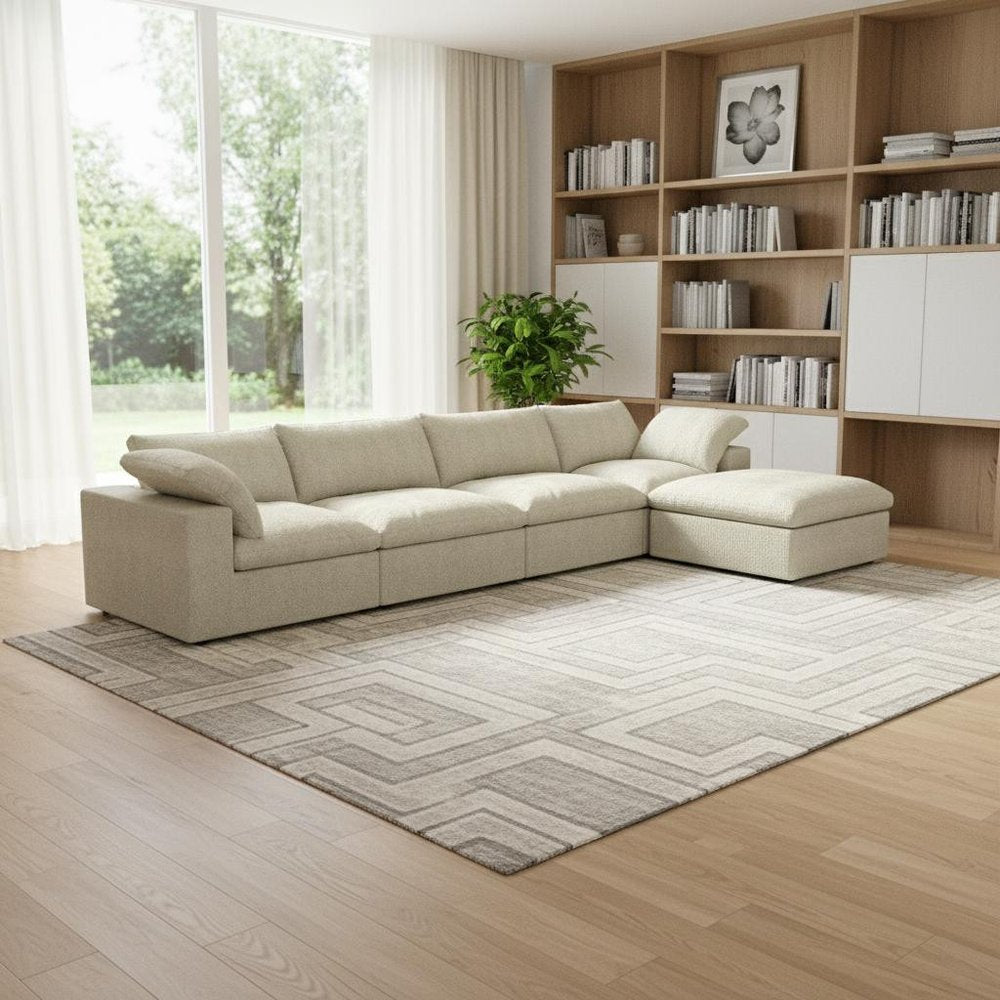 160" Khaki Linen Blend Modular Sofa With Ottoman And Toss Pillows