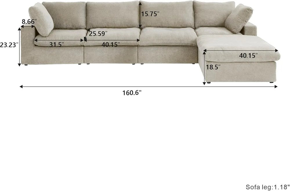 160" Khaki Linen Blend Modular Sofa With Ottoman And Toss Pillows