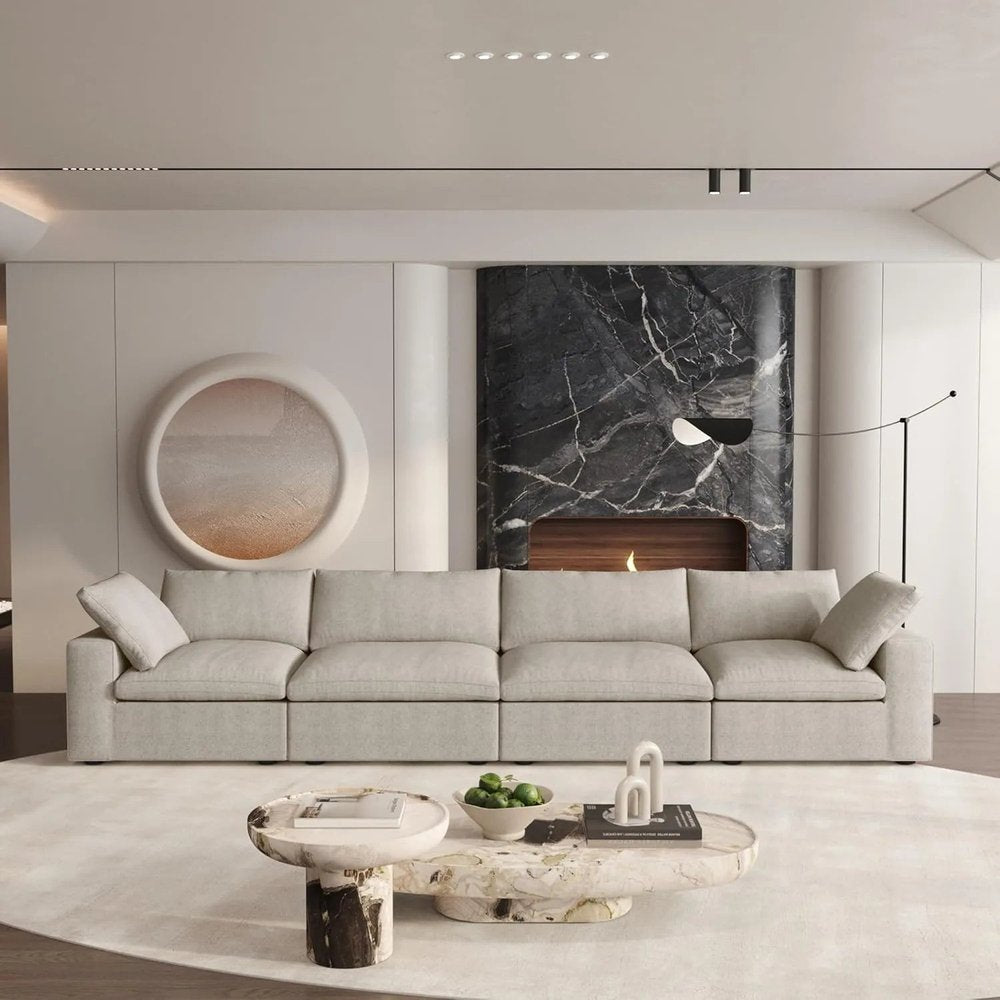 160" Khaki Linen Blend Modular Sofa With Toss Pillows