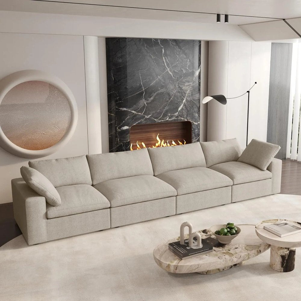 160" Khaki Linen Blend Modular Sofa With Toss Pillows