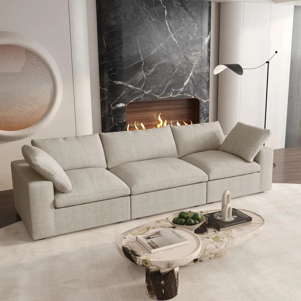 120" Khaki Linen Blend Modular Sofa With Toss Pillows
