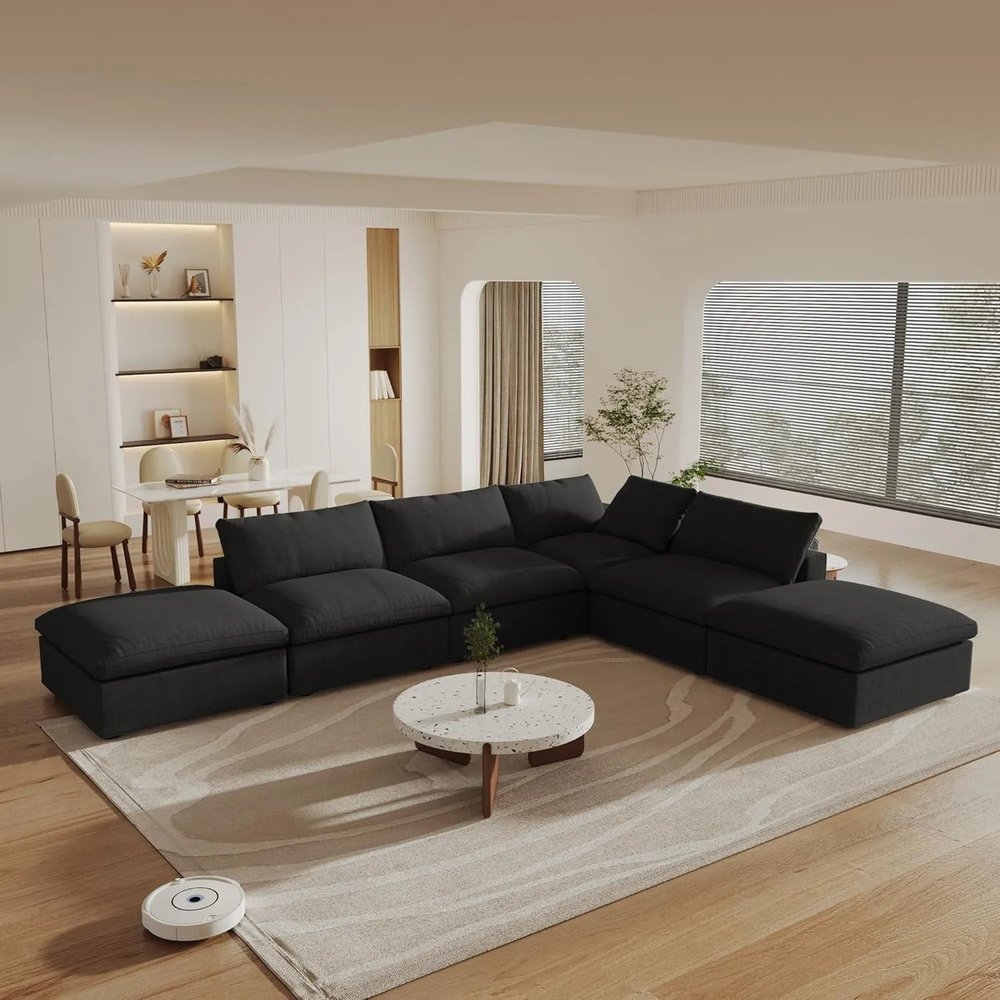 160" Black Linen Blend Modular Armless Sofa With Ottomans And Storage