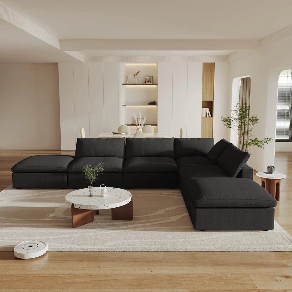 160" Black Linen Blend Modular Armless Sofa With Ottomans And Storage
