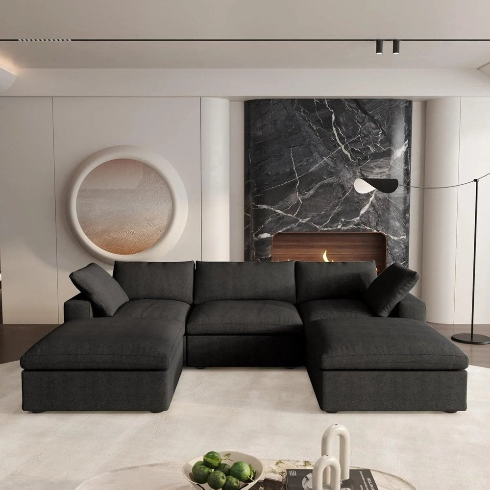 120" Black Linen Blend Modular Sofa With Ottomans Toss Pillows And Storage