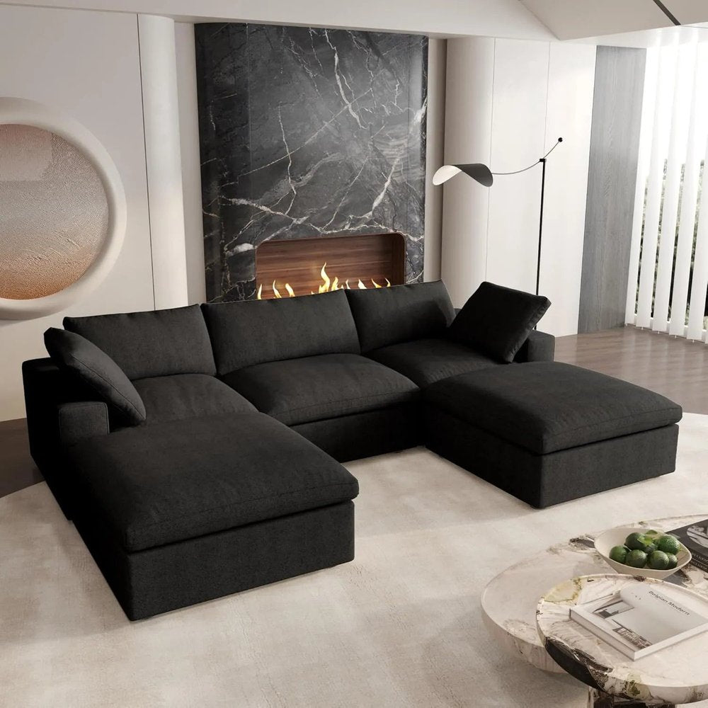 120" Black Linen Blend Modular Sofa With Ottomans Toss Pillows And Storage