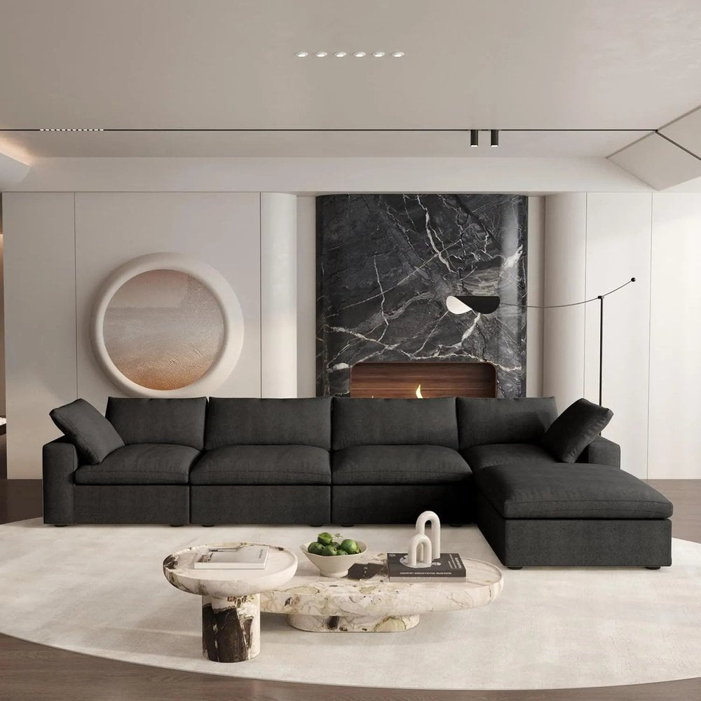 160" Black Linen Blend Modular Right Sofa With Ottoman And Toss Pillows