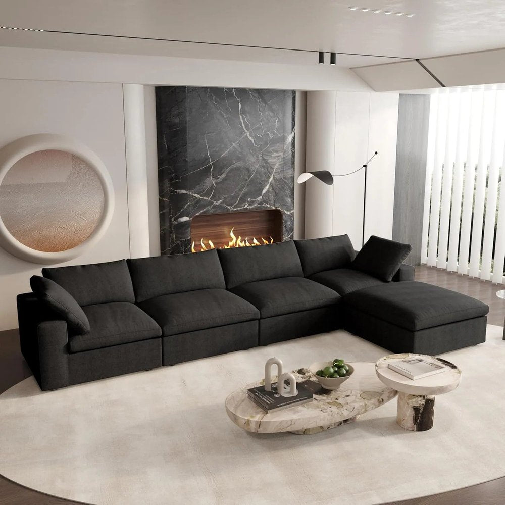 160" Black Linen Blend Modular Right Sofa With Ottoman And Toss Pillows