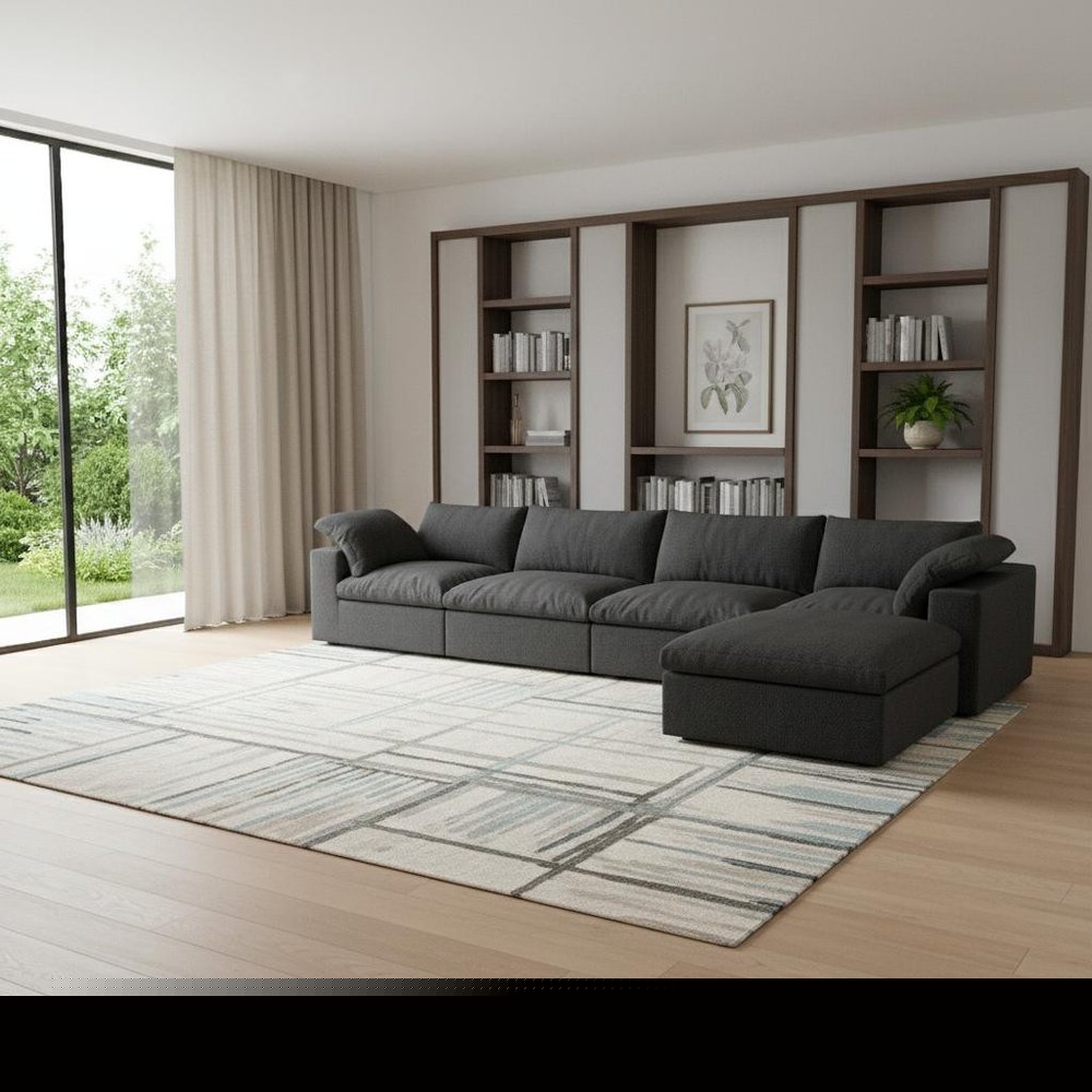 160" Black Linen Blend Modular Right Sofa With Ottoman And Toss Pillows