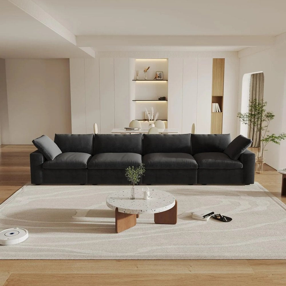 160" Black Linen Blend Modular Sofa With Toss Pillows
