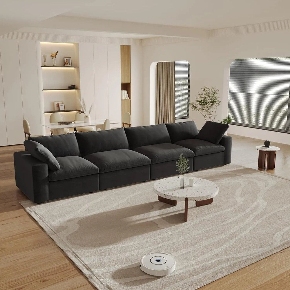 160" Black Linen Blend Modular Sofa With Toss Pillows
