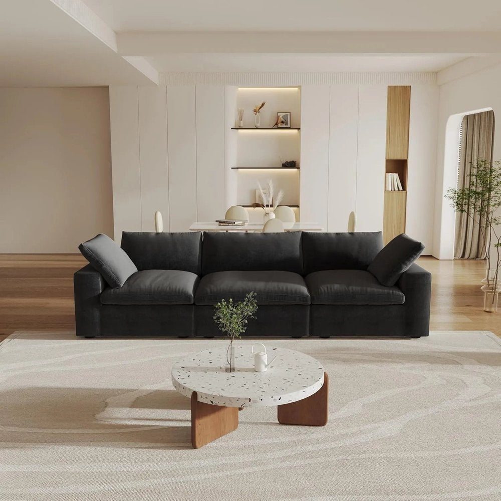 120" Black Linen Blend Modular Sofa With Toss Pillows