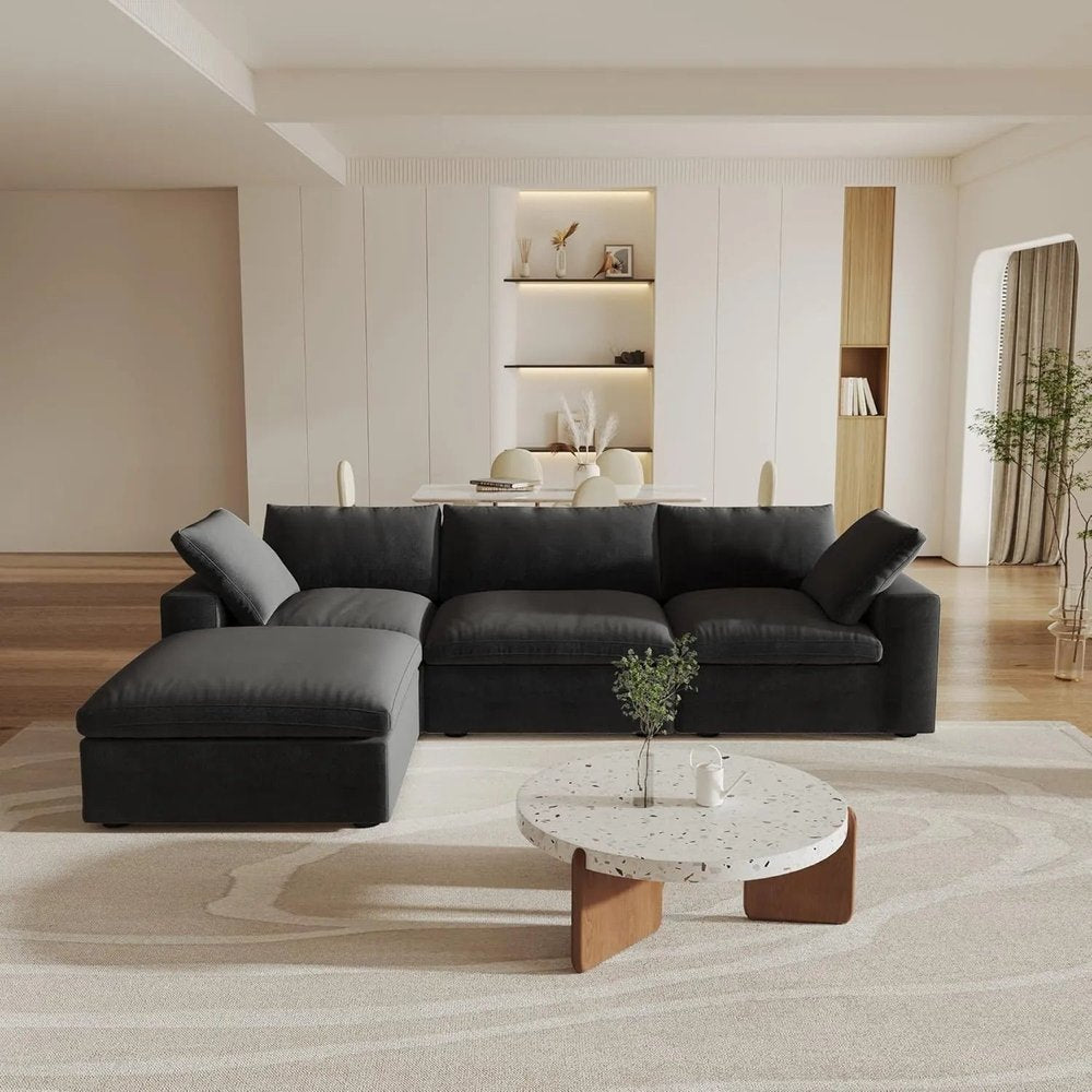 120" Black Linen Blend Modular Sofa With Ottoman And Storage
