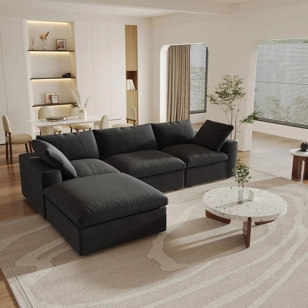 120" Black Linen Blend Modular Sofa With Ottoman And Storage