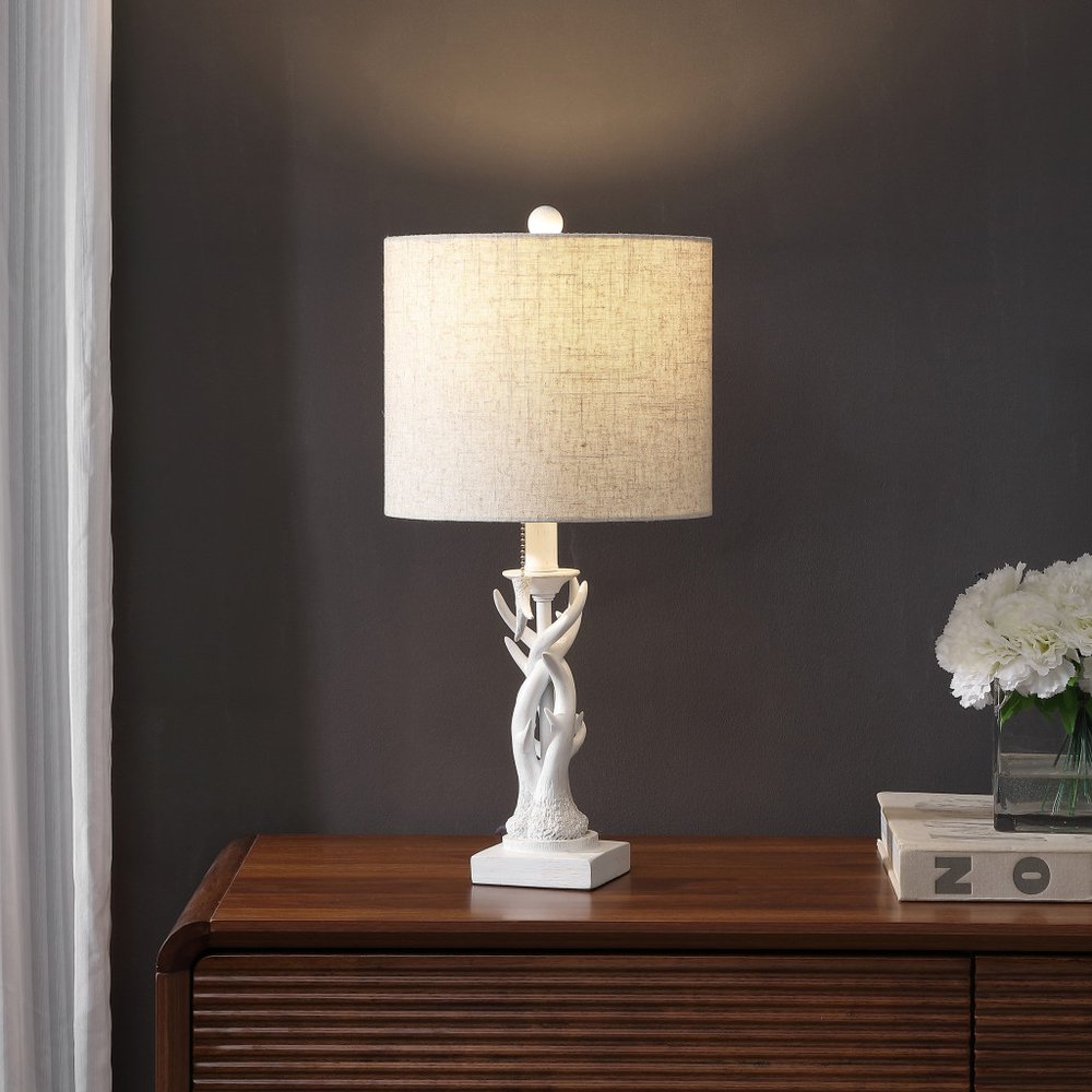 21" Antiqued White Antlers Desk Lamp With Drum Shade