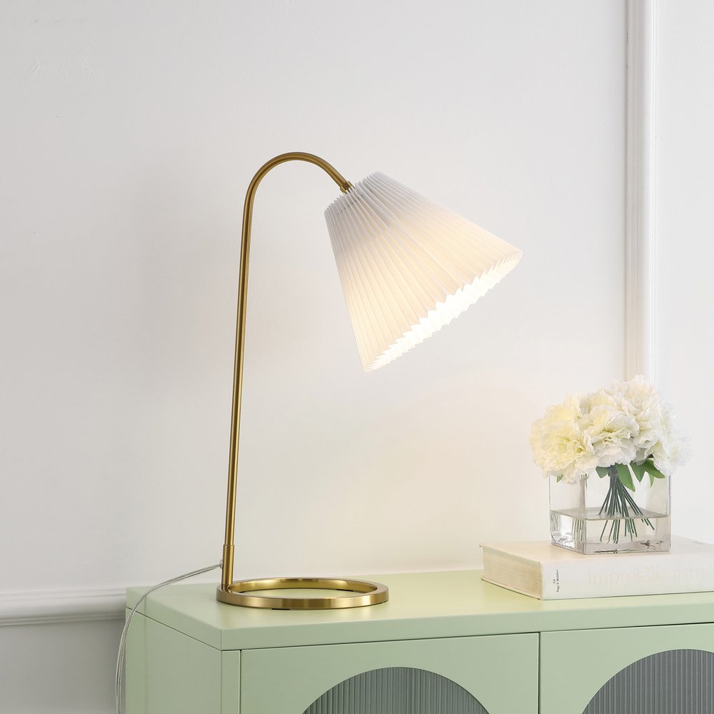 22" Gold Ribbed Swing Arm Geometric Arched Lamp With Empire Shade