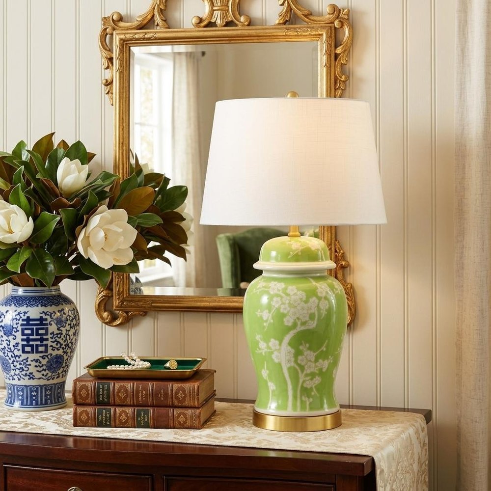 30" Green And Gold Novelty Table Lamp With Empire Shade