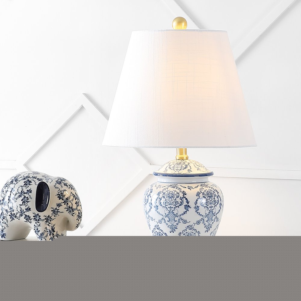 22" White Blue And Gold Urn Table Lamp With Empire Shade