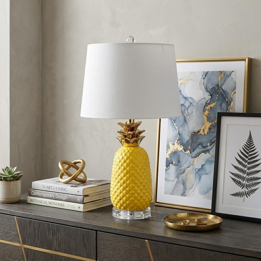 23" Yellow Gold And Clear Ceramic And Acrylic Pineapple Table Lamp With Globe Shade