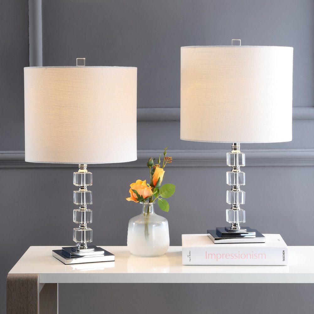 Set of Two 22" Clear And Silver Bedside Lamps With Drum Shades
