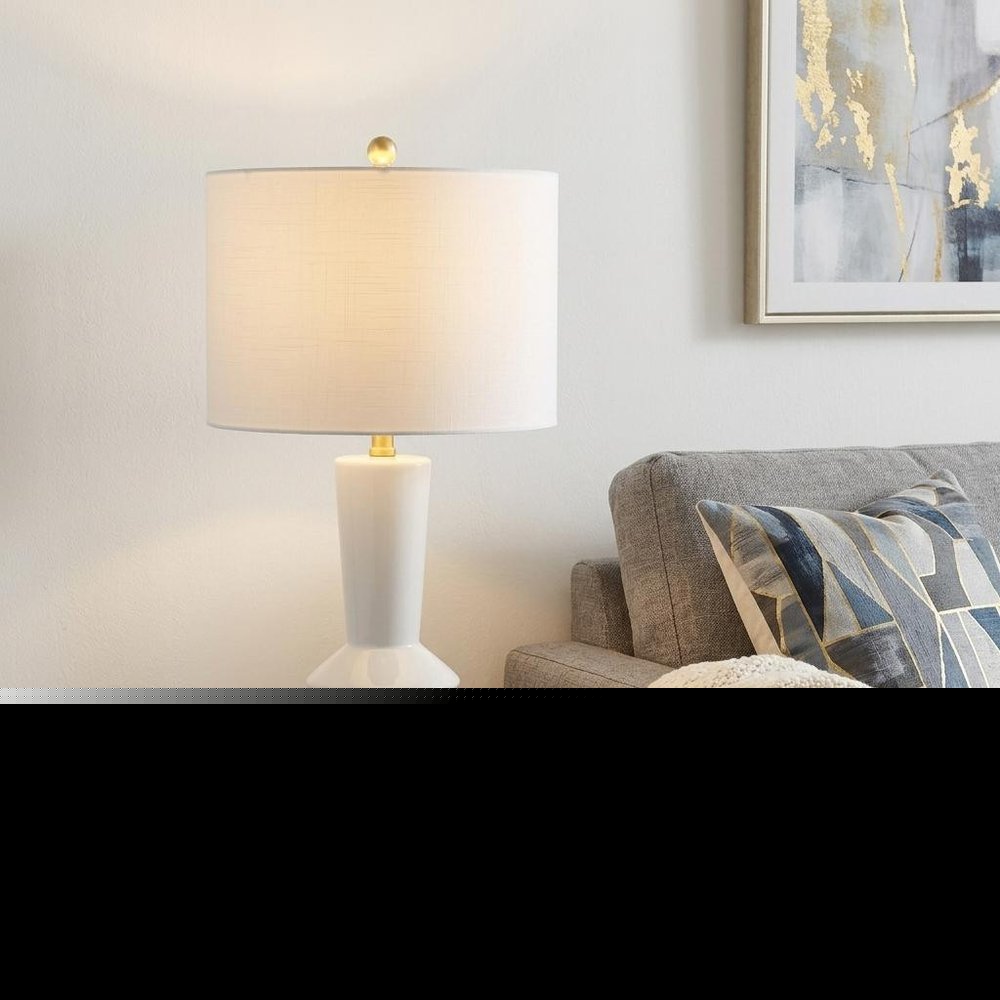 27" White And Gold Geometric Table Lamp With Drum Shade