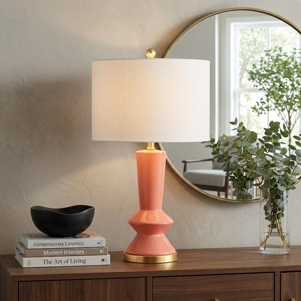 27" Gold Geometric Table Lamp LED With Drum Shade