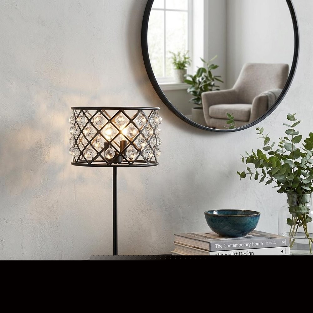 23" Antiqued Bronze Geometric Table Lamp With Drum Shade