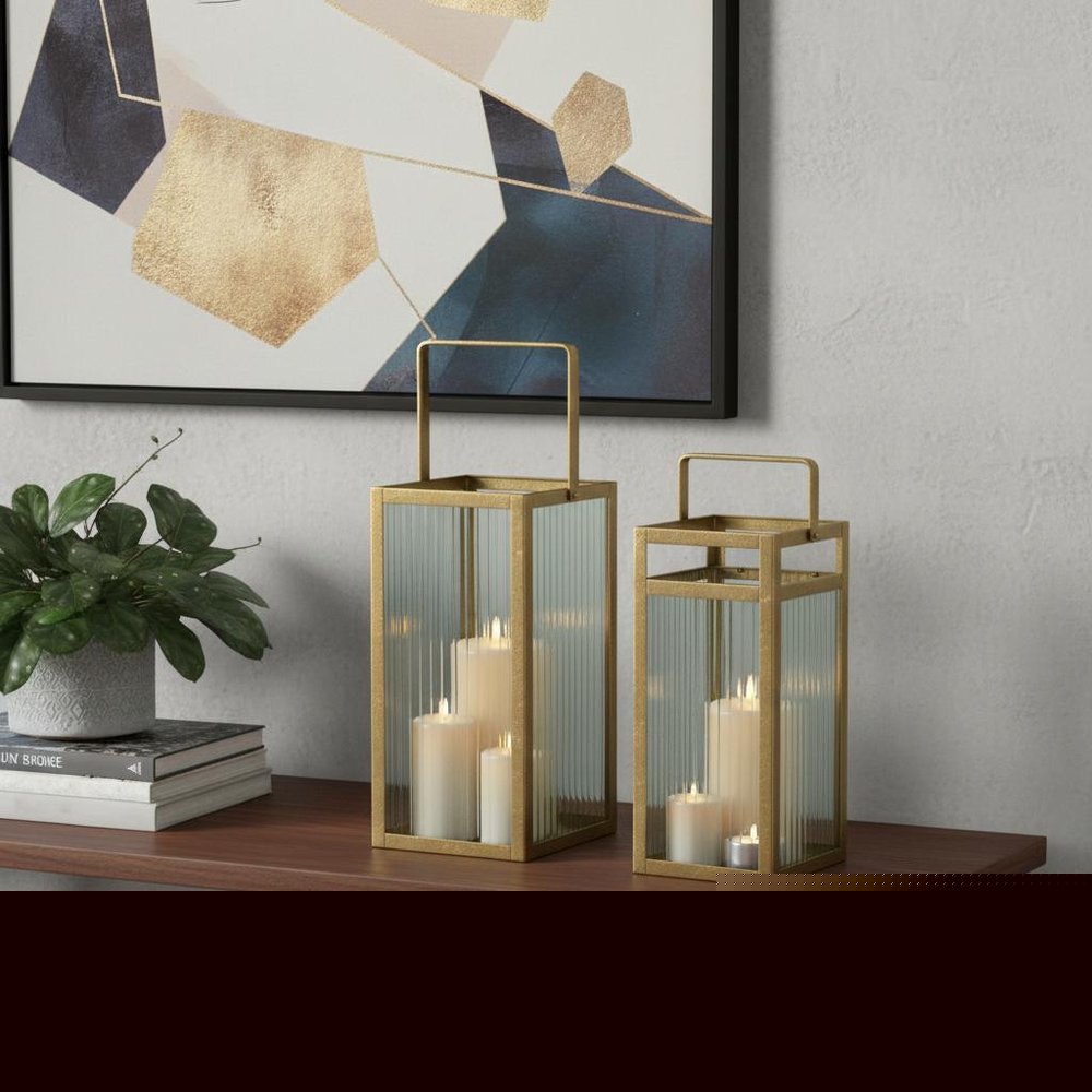 Set of Two Gold Metal Floor Lantern Candle Holders