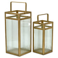 Set of Two Gold Metal Floor Lantern Candle Holders