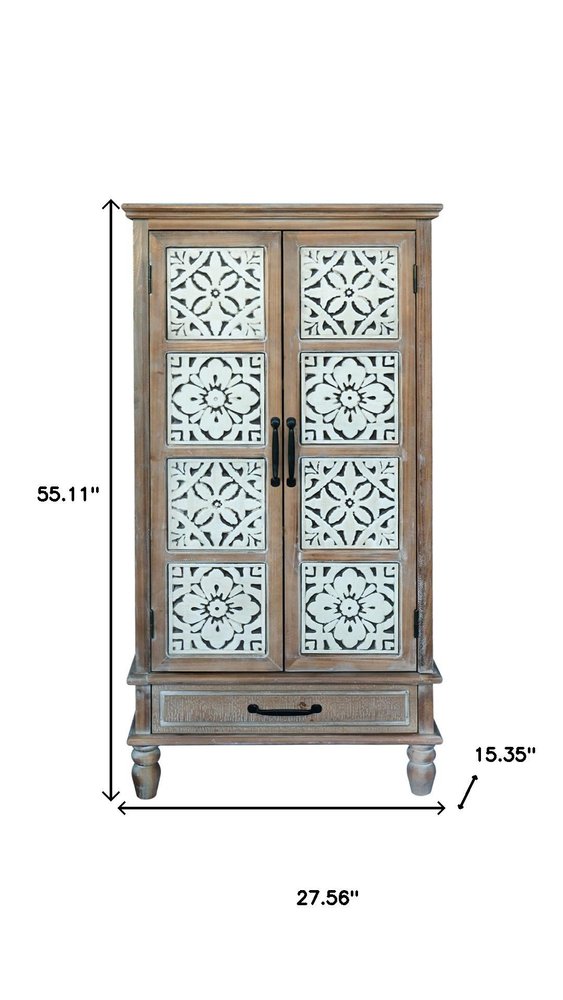 28" Brown Wood Accent Cabinet With Two Doors And One Drawer