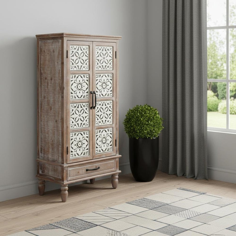 28" Brown Wood Accent Cabinet With Two Doors And One Drawer