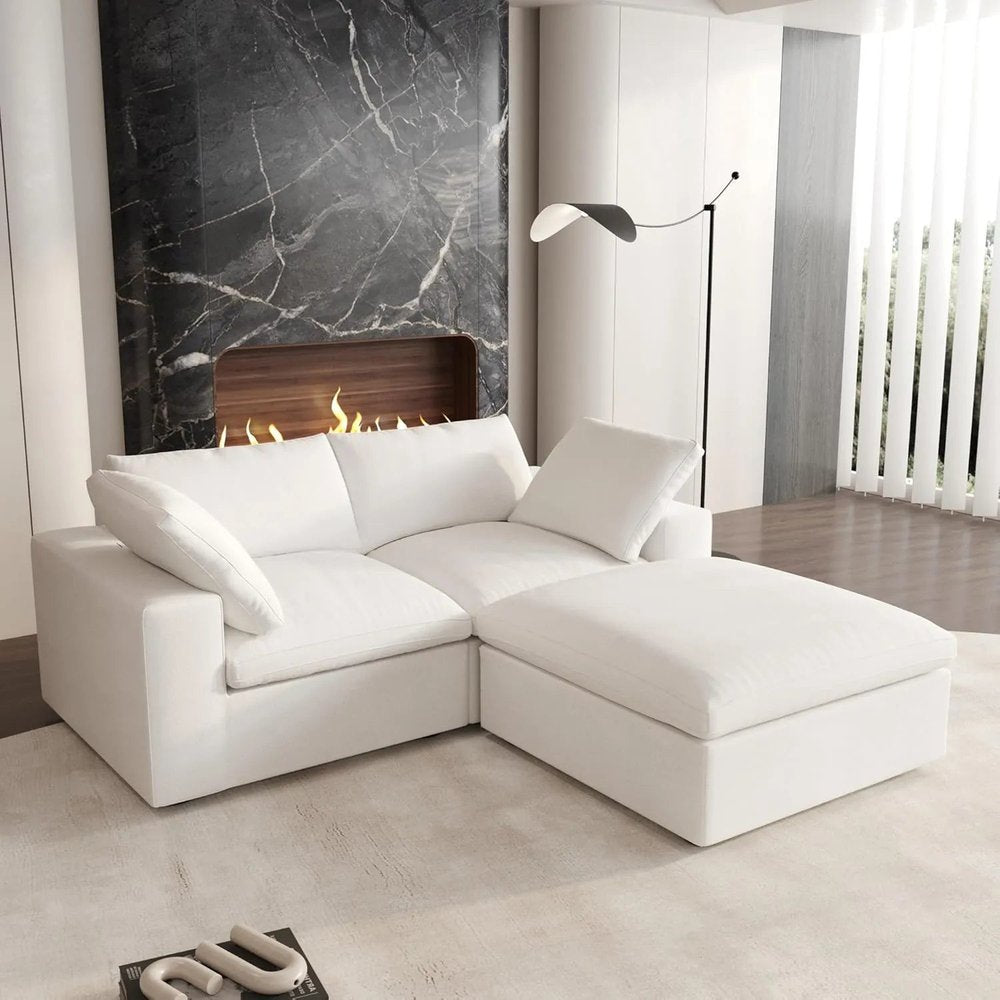 80" White and Black Linen Blend Modular Loveseat With Storage