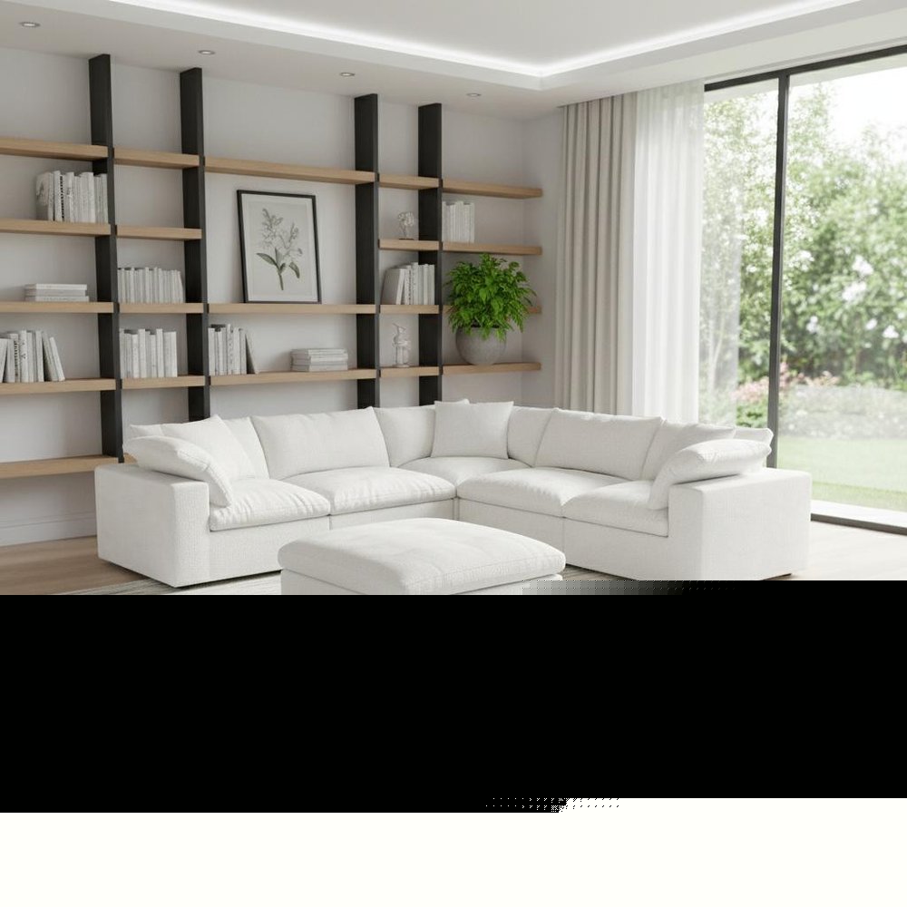 White Linen Blend Modular L Shaped Six Piece Corner Sectional
