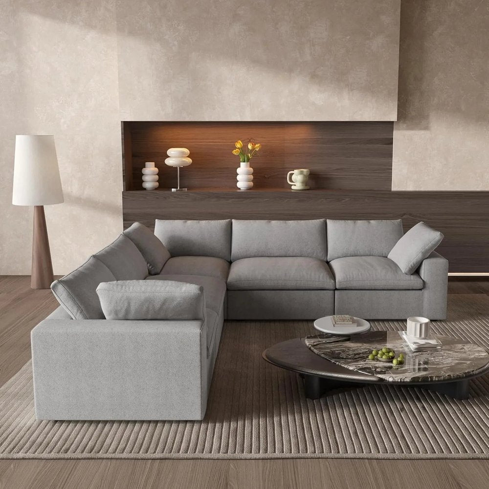 Light Gray Linen Blend Modular L Shaped Five Piece Corner Sectional