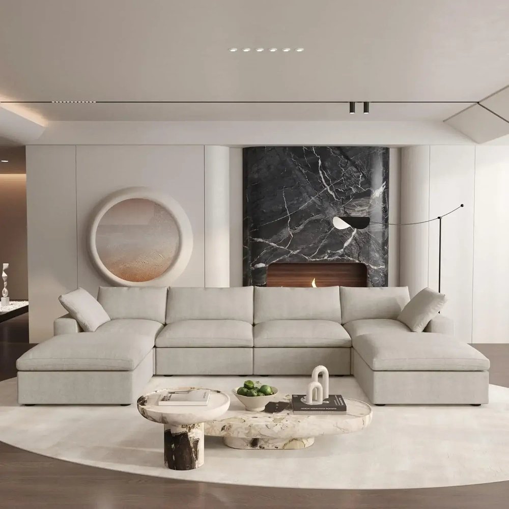 160" Khaki Linen Blend Modular Universal Sofa With Ottoman And Storage