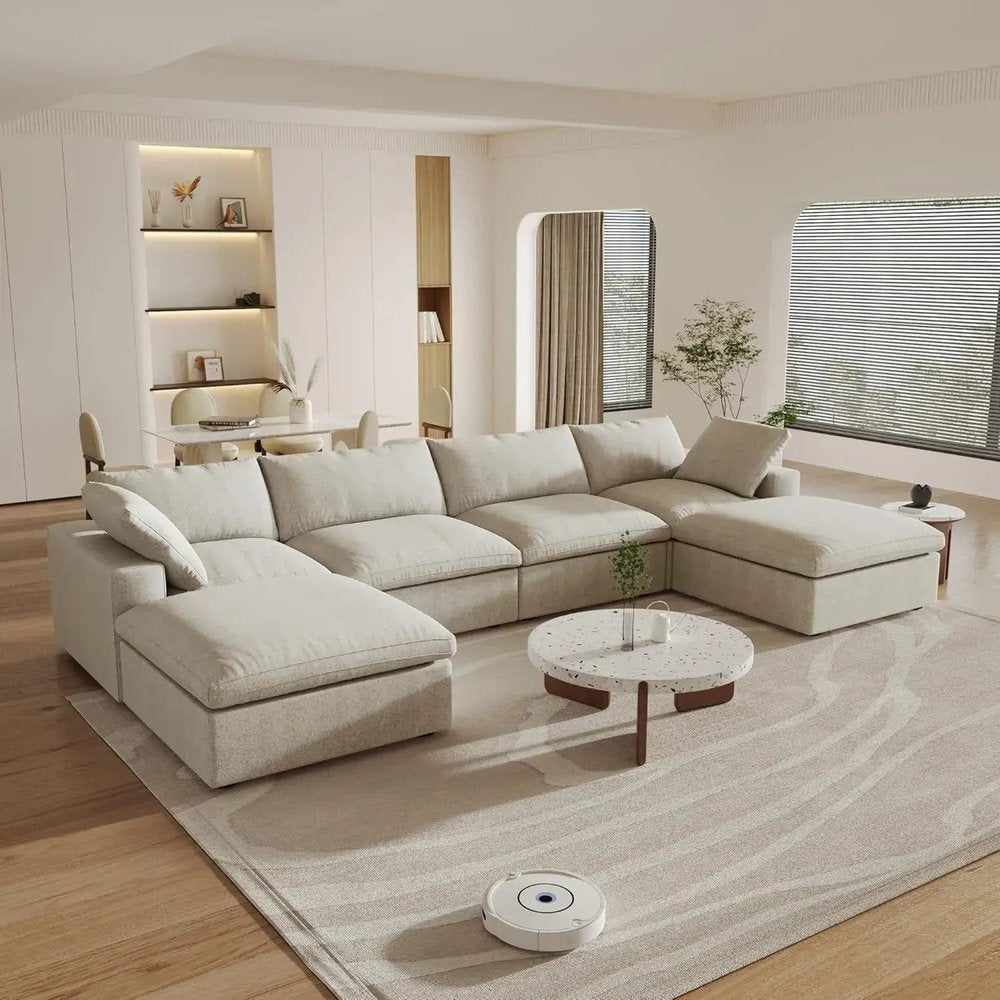 160" Khaki Linen Blend Modular Universal Sofa With Ottoman And Storage