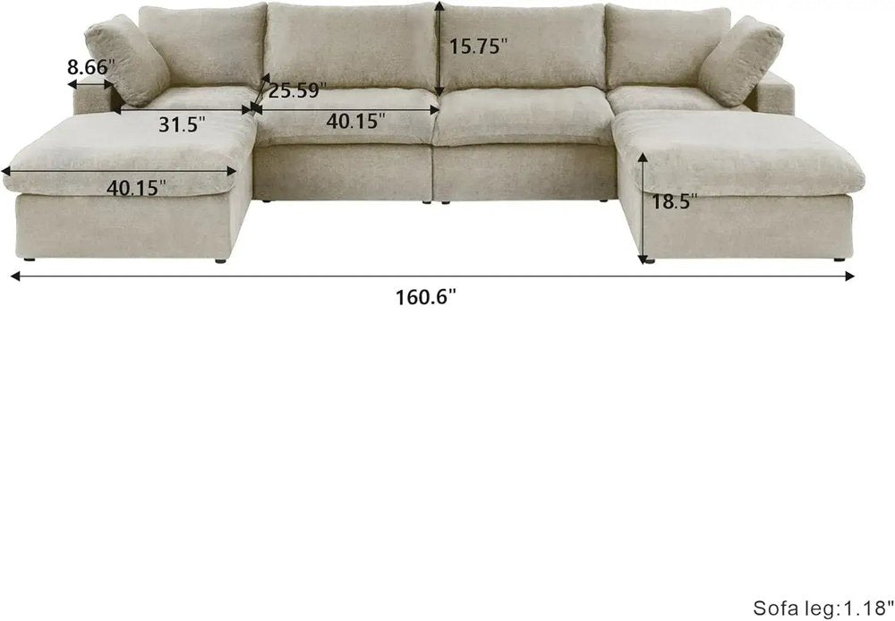 160" Khaki Linen Blend Modular Universal Sofa With Ottoman And Storage